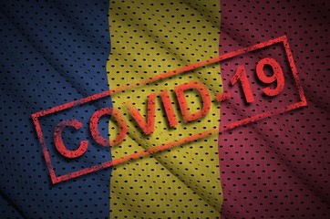 Chad flag and red Covid-19 stamp. Coronavirus 2019-nCov outbreak