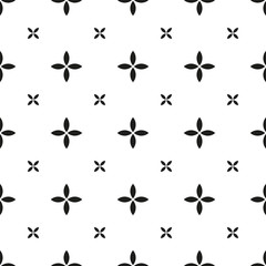 Abstract geometric seamless pattern. Black minimalistic vector flowers with four petals on white background. Simple vector illustration. Polka dot design for printing on textile, fabric