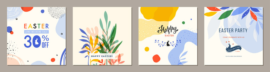 Trendy Easter square abstract templates. Suitable for social media posts, mobile apps, cards, invitations, banners design and web/internet ads. 