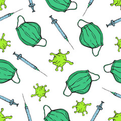 Seamless pattern of virus, Injection, and breathing medical respiratory mask to fight against the virus on a white background. Pandemic and coronavirus outbreaks. Hand drawn doodle illustration.