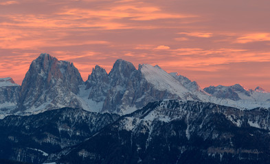 Fototapeta na wymiar Dolomites mountain panorama in winter, sunset and twilight sky
