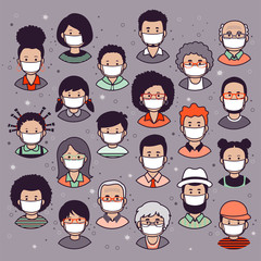Set of human faces, avatars, people heads different nationality and ages in flat style wearing protective masks.
