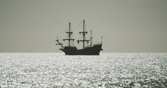 Christopher Columbus caravel replica ship sails in the mediterranean sea. Side view