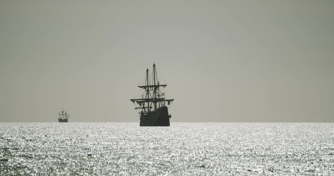 Christopher Columbus caravel replica ships sail in the mediterranean sea near Valencia. Second ship in distance