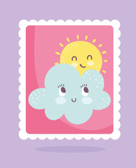 Fototapeta na wymiar cute stamps, sun and cloud decoration cartoon design
