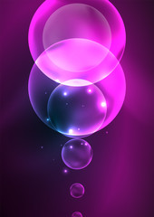 Glowing neon shiny transparent bubbles, glass circles or bio cell concept. Techno futuristic vector abstract background For Wallpaper, Banner, Background, Card, Book Illustration, landing page