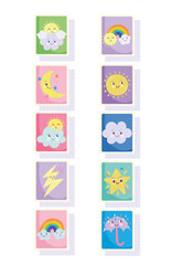 Fototapeta na wymiar cute stamps, moon sun clouds rainbow stars rain umbrella icons set