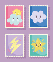 cute stamps, clouds star sun ray cartoon icons