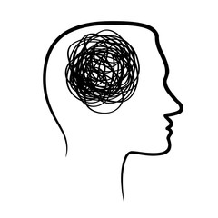 silhouette of huan head with tangled line inside, like brain. concept of chaotic thought process, confusion, personality disorder and depression