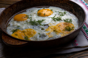 Fried eggs in a pan. Cooking process. Close-up, shallow depth of field.
