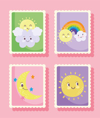 cute stamps, weather sun rainbow clouds moon icons