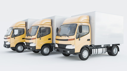 Three Lined Up Cargo Trucks with Yellow Cabins 3D Rendering