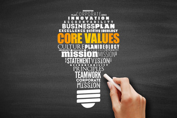Core values light bulb word cloud collage, business concept background