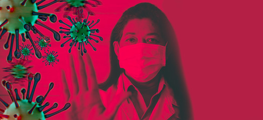 Indian Doctor wearing surgical mask for protect Coronavirus covid-19 and show stop hands gesture for stop corona virus outbreak.Scientist in biological protective Pandemic virus outbreak concept.