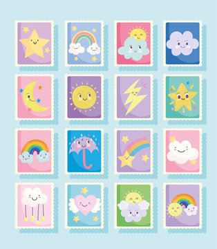 cute stamps, weather fantasy clouds sun moon rainbow rain umbrella cartoon