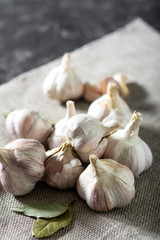 Garlic on canvas cloth. The view from the top. Vertical orientation