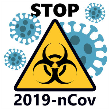 STOP COVID-19 Biological hazard icon, Novel coronavirus (2019-nCoV), Abstract virus strain model Novel corona virus 2019-nCoV with yellow biohazard symbol