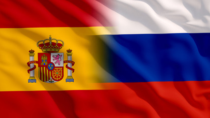 Waving Spain and Russia Flags