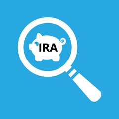flat icon of magnifying glass looking for IRA white piggy bank account on blue background. search individual retirement account