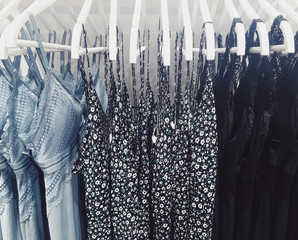 Clothing on display in a boutique store in shopping mall, fast fashion