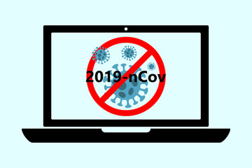 flat black laptop icon with Abstract virus strain model Novel coronavirus 2019-nCoV is crossed out with red STOP sign. MERS-Cov, COVID-19, Novel corona virus disease 2019
