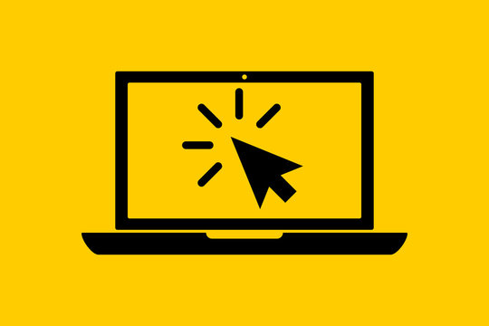 flat black laptop icon with choosing cursor or pointer isolated on yellow. Concept of using screen mobile computer or search choice click mouse for website. Vector illustration