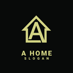 gold house with letter a logo initial design