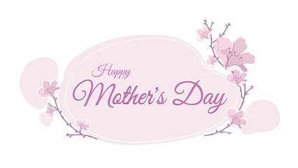 Fototapeta na wymiar Happy Mothers Day postcard, banner, flyer vector template in soft pink colors on white. Hand writing and cherry sprigs or sakura blossoms. Motherhood, maternal bonds. Family holidays and celebrations
