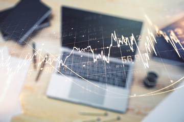 Multi exposure of abstract creative financial chart on computer background, research and analytics concept