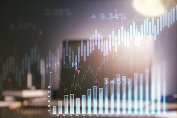 Multi exposure of abstract creative financial chart on computer background, research and analytics concept