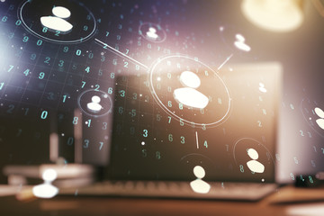 Double exposure of social network icons concept with modern laptop on background. Marketing and promotion concept