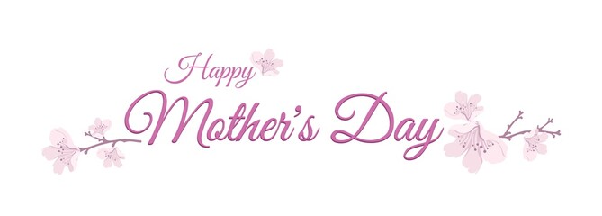 Fototapeta na wymiar Happy Mothers Day horizontal banner, postcard vector template on white background, decorated with sprigs of cherry blossoms. Motherhood, maternal bonds. Family holidays and celebrations.