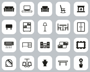 Living Room Furniture Icons Black & White Flat Design Set Big