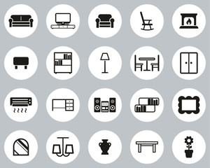Living Room Furniture Icons Black & White Flat Design Circle Set Big