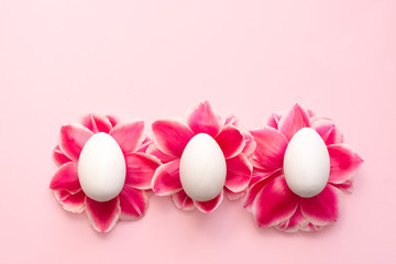 easter Background with white easter eggs and spring flowers on pink background with copy space