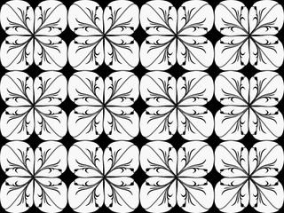 Seamless pattern design with floral background elements, brown, black, gray, white ornaments