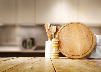 Desk of free space and kitchen interior 