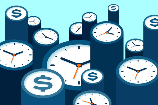 Clock and dollar icons in flat style, timers and money sign on blue background. Time management. More watch. Business vector illustration for you presentation