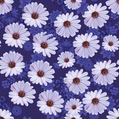 Beautiful floral seamless pattern. Collage with daisy flowers and fantasy plants on dark violet background.