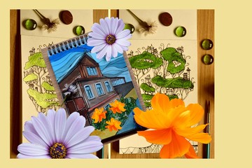 Beautiful collage with drawings and flowers. Design for card, poster, cover.