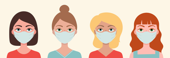 Set of four different women in medical masks. Blonde, brunette, red, brown-haired. Concept of protection against viruses, flu, coronavirus. Epidemic. Flat vector illustration.