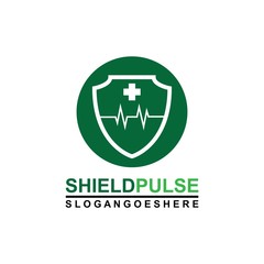 Shield, Pulse are green and cross Logo Template Design Vector for Business Medical, Emblem, Design concept, Creative Symbol, Icon