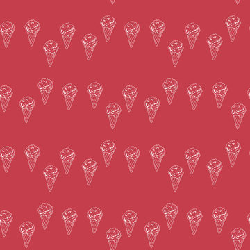 Seamless pattern with great creative ice cream on berry red background. Vector image.