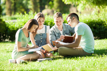 Naklejka premium Students studying. Young people preparing for the lessons. People getting ready to the exams.