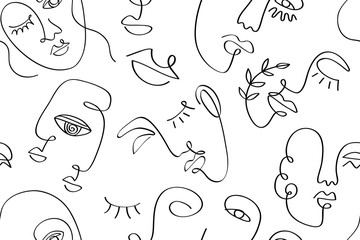 Glamour one line drawing women faces seamless pattern