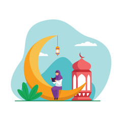 Muslim hijab girl sitting on the crescent moon object while reading holy book quran to fill ramadan activity vector flat illustration and islamic landscape background - obrazy, fototapety, plakaty