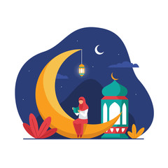 Muslim hijab girl sitting on the crescent moon object while reading holy book quran to fill night ramadan activity vector flat illustration and islamic landscape background - obrazy, fototapety, plakaty