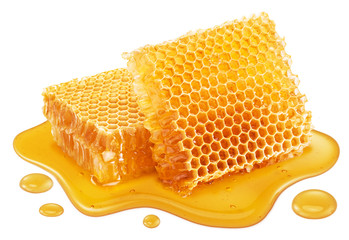Honeycombs and sweet sticky honey puddle isolated on white background.