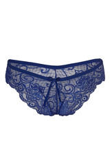 Subject shot of blue lace Brazilian panties with flower tracery and a little silk bow. The sexy panties are isolated on the white background.