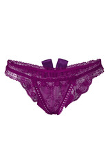 Subject shot of purple lace panties with frilling and a silk bow on the back side. The sexy thong with flower tracery is isolated on the white background.
